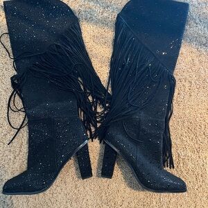 Jessica Simpson Black Sparkle Fringe Heeled Boots